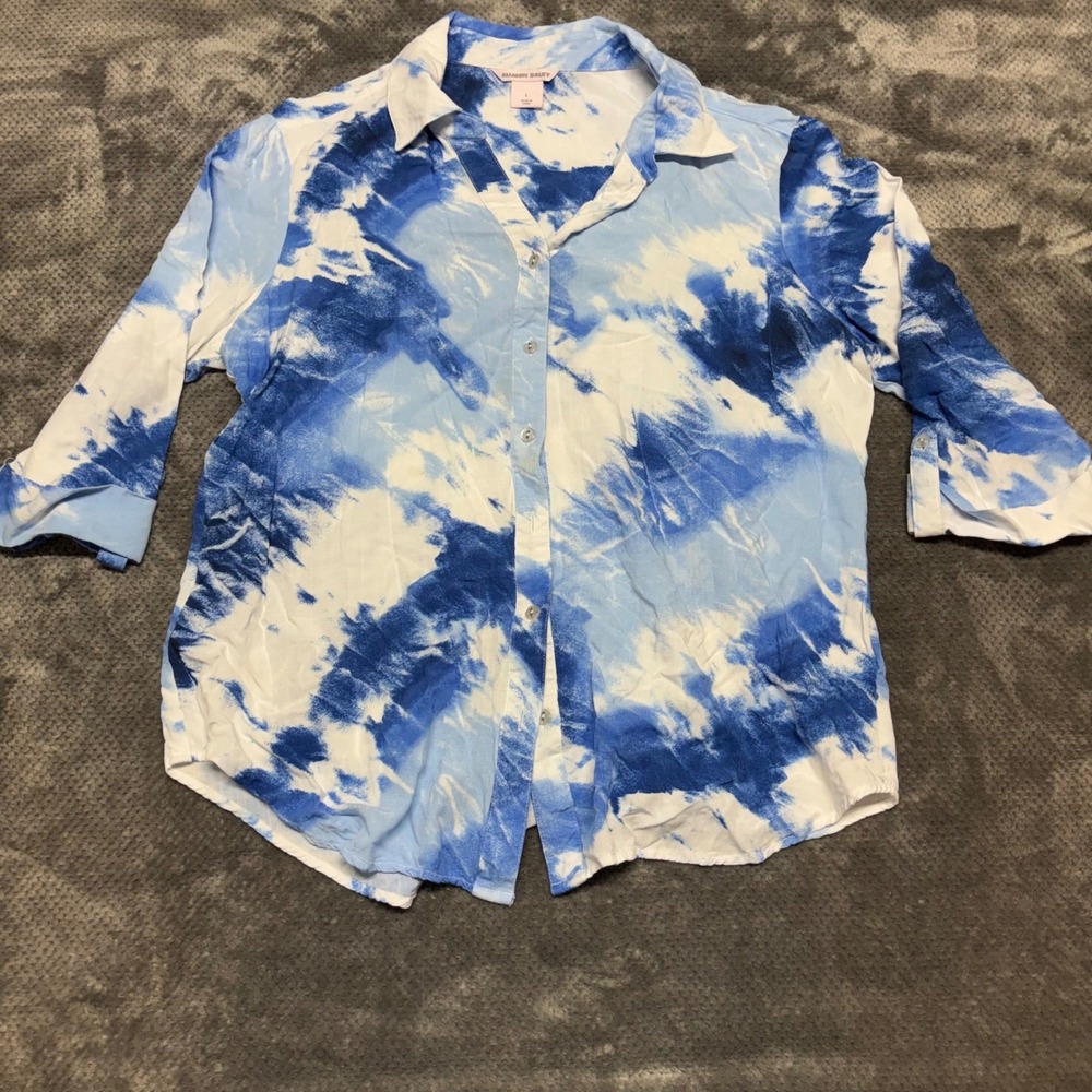 Allison Daley Womens Large Blue White Tie Dye 3/4 Sleeve Rayon Button Up Blouse